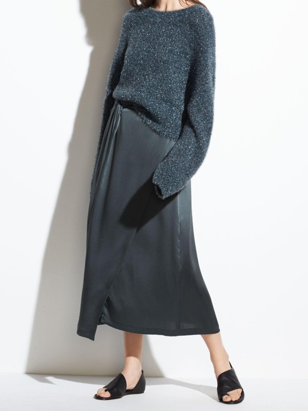 NWT Vince Knot Paneled Silk Satin Midi Skirt in Mineral Stone Green Size XS $325 - Picture 6 of 16